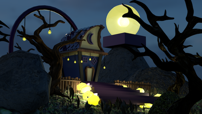 Game art of a cabin in the woods with a moon on the roof and yellow lights in the yard. Art by Eden Blas '21 (Game Art).