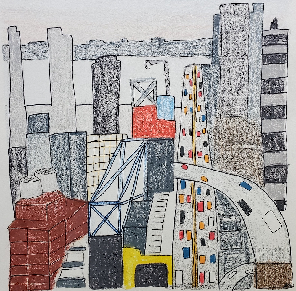 A drawing of New York City in colored pencil
