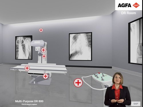 A screenshot showing an interactive radiology lab experience with a virtual tour guide. 