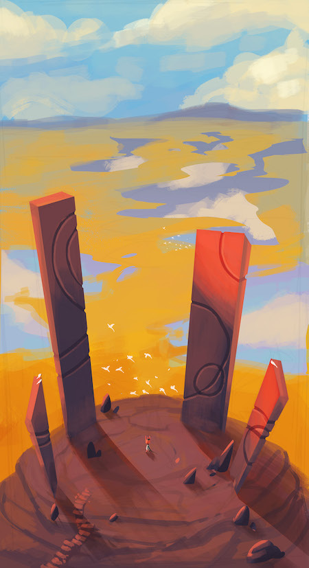 Game art of a character standing at the edge of a cliff with tall stone sculptures surrounding, birds flying in the distance and a yellow and blue sky by Krys Galvez BFA ’19