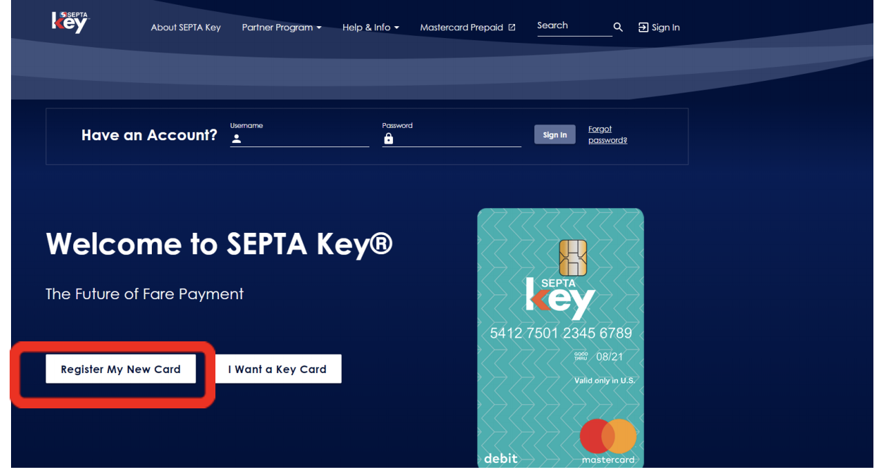 SEPTA Key homepage with "Register my new card" highlighted