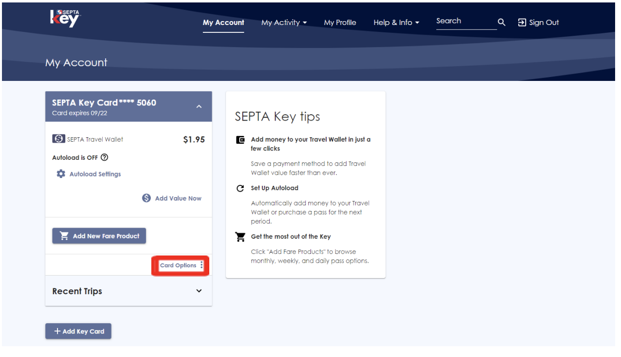 Selecting a card option on the SEPTA Key website