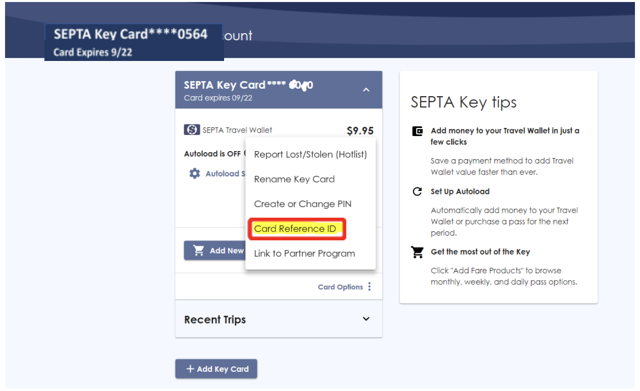 SEPTA Key website showing how to obtain card reference ID