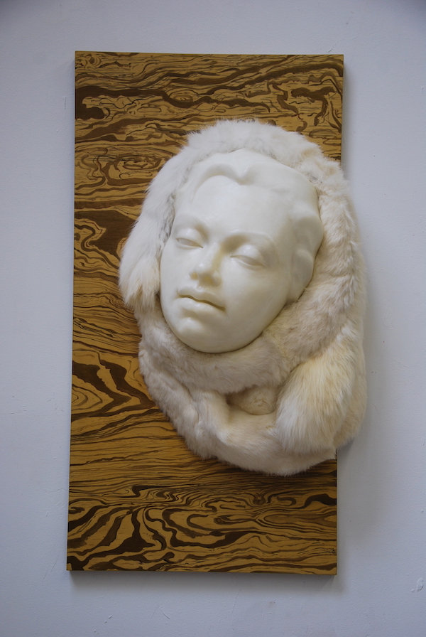 Te, with Caroline Furr, birch panel, microcrystalline wax, vintage fur, 24" x 42" x 12", 2019