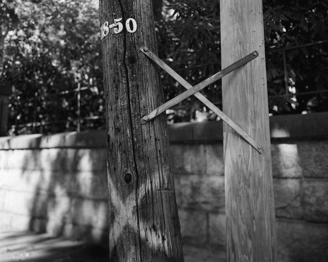 A black and white photo of two pieces of wood in an x shape and nailed to a tree