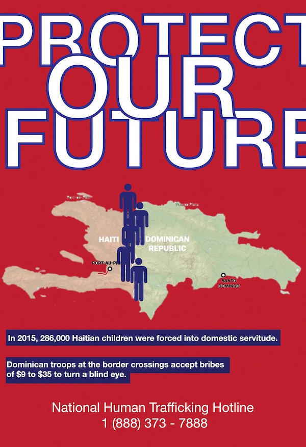 A graphic image of a map of Haiti and the Dominican Republic with person icons over the border between the two countries and text that reads Protect Our Future
