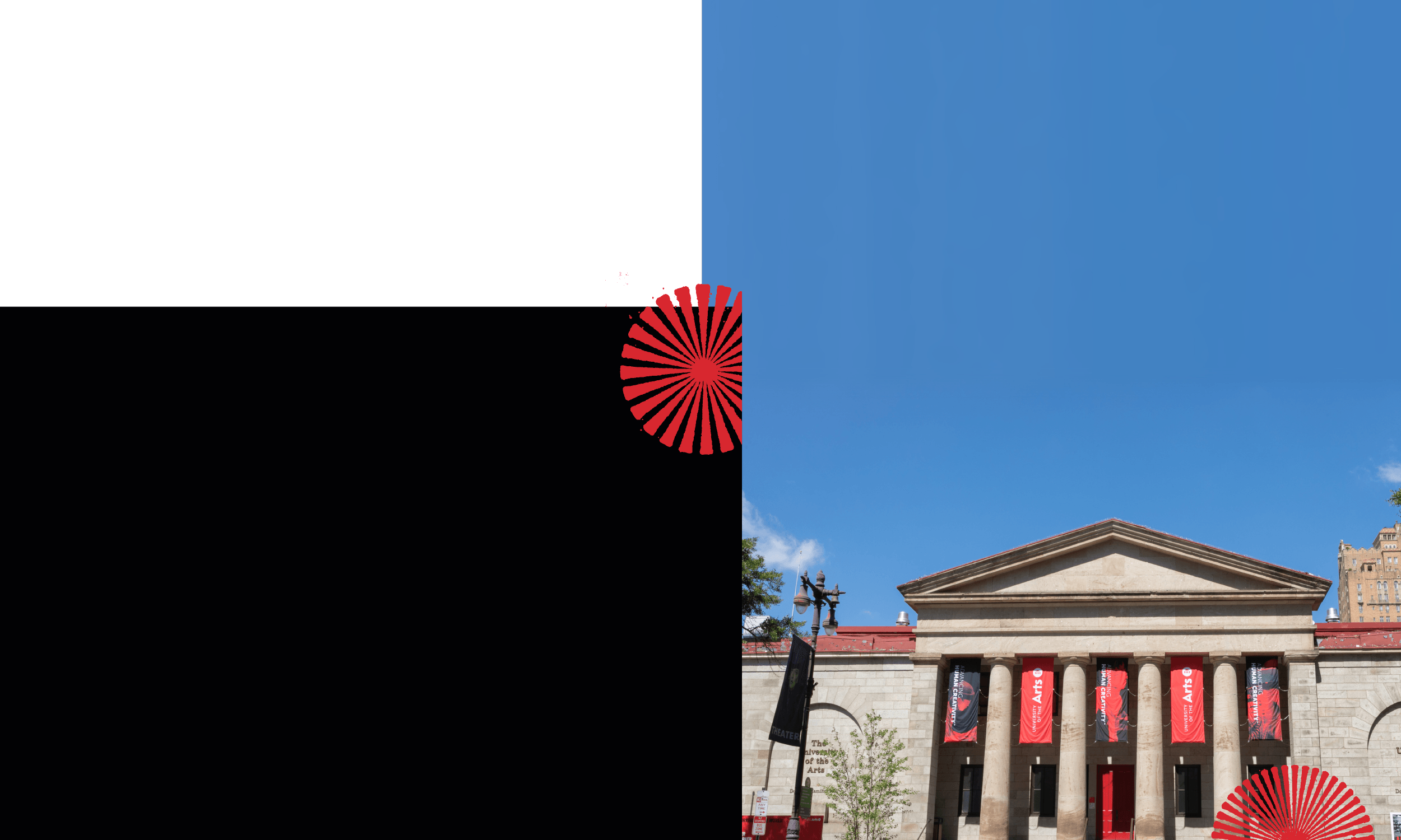 A graphic image of Hamilton Hall with a clear blue sky next to black and white graphic boxes with a red spiral-like element