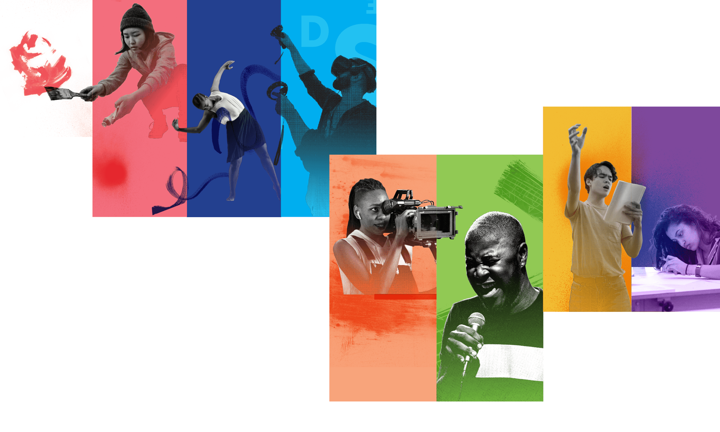A graphic image of a painter, dancer, VR user, videographer, singer, actor and writer all treated with different hues of color.