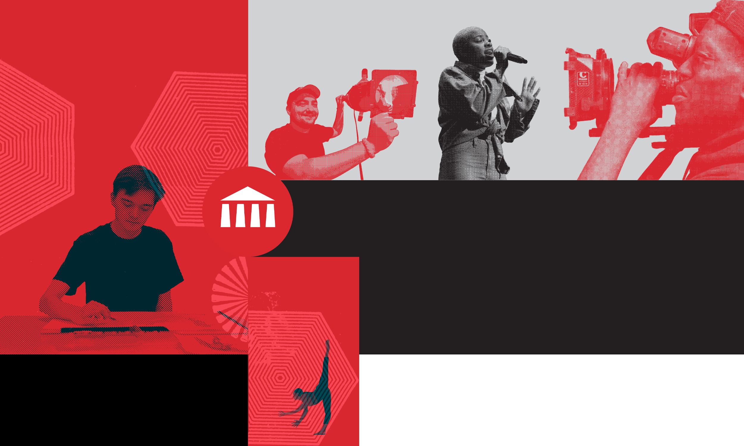 A graphic image of a singer, videographer, lighting designer, drawer and dancer with red, black and grey hues