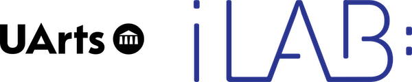 Graphic text that reads "UArts iLAB:" the UArts logo is in all black and is punctuated with the "Hamilton dot," a simplified illustration of the iconic building. iLAB: is set in futuristic blue type.