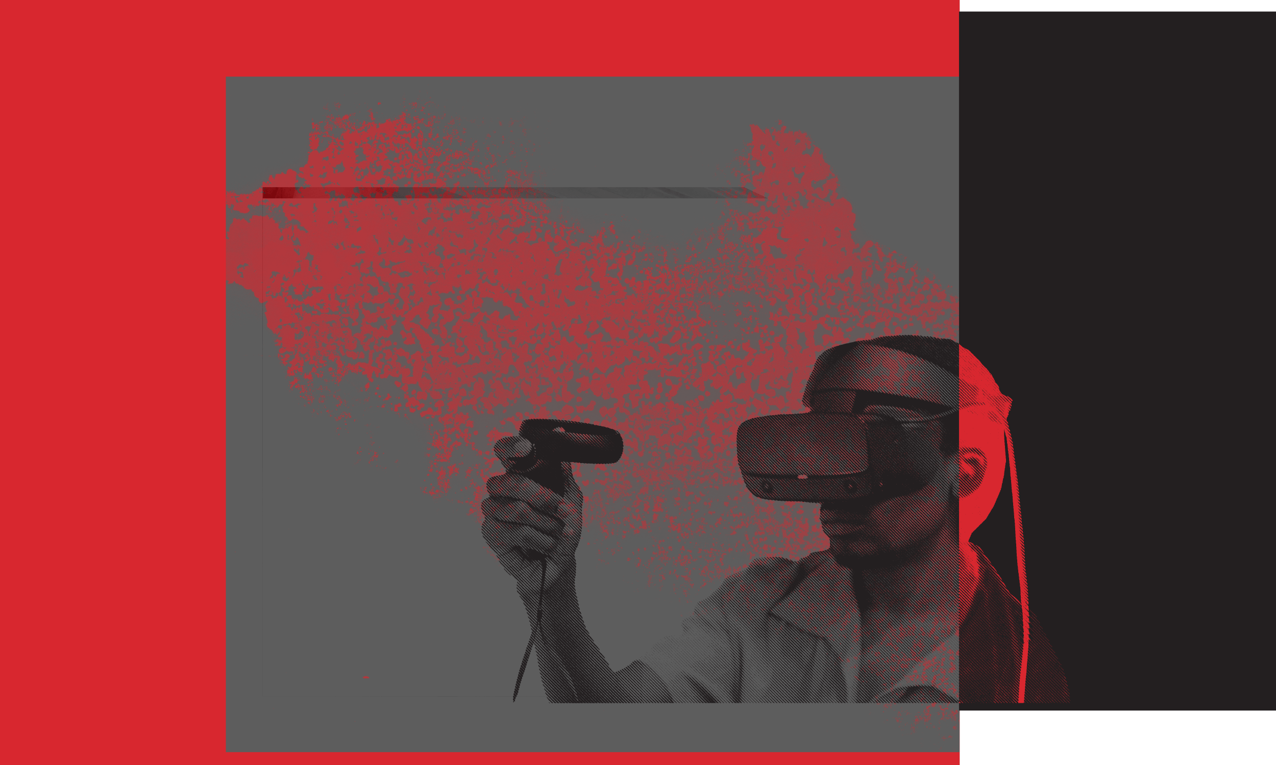A graphic image of a student using VR technology. The image is treated with black, red and grey saturation.