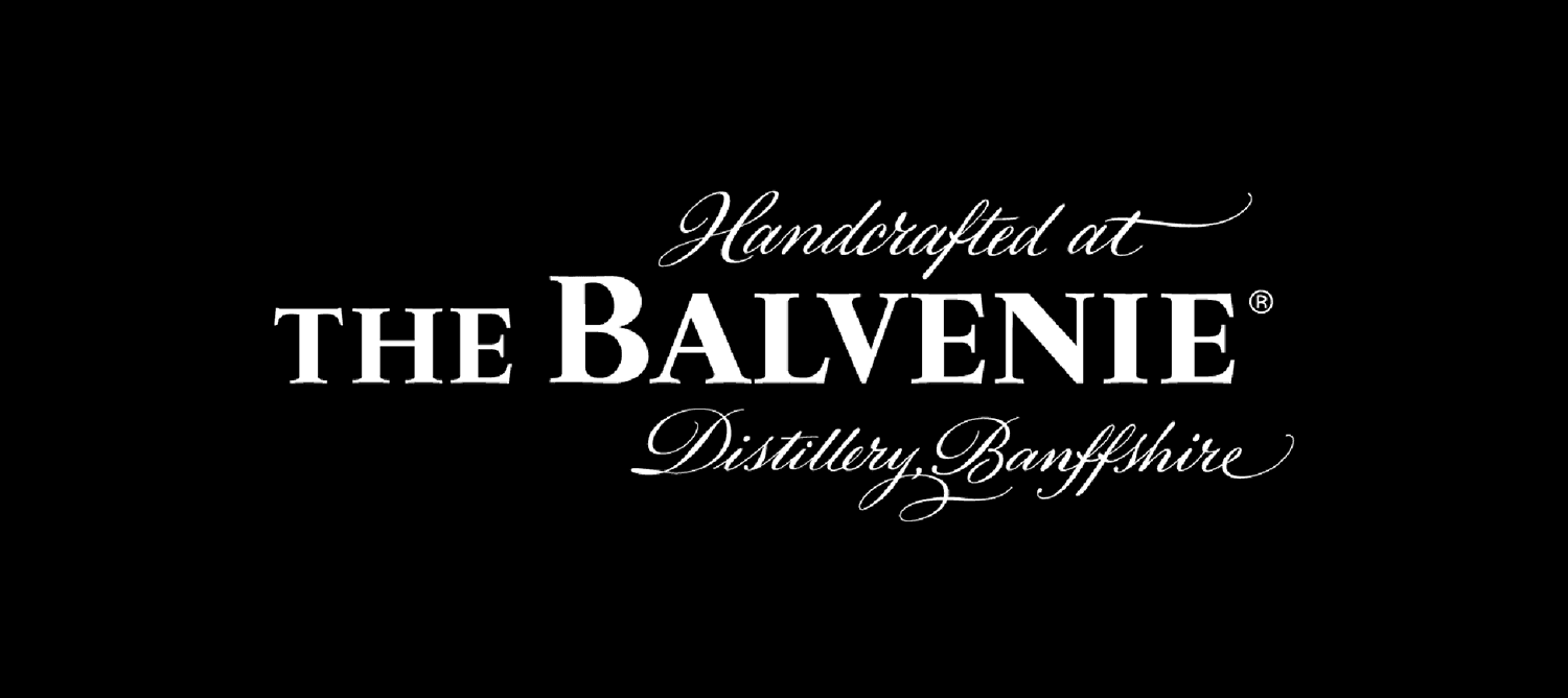 The Balvenie logo in white text on a back background that reads "Handcrafted at The Balvenie Distillery Banffshire."