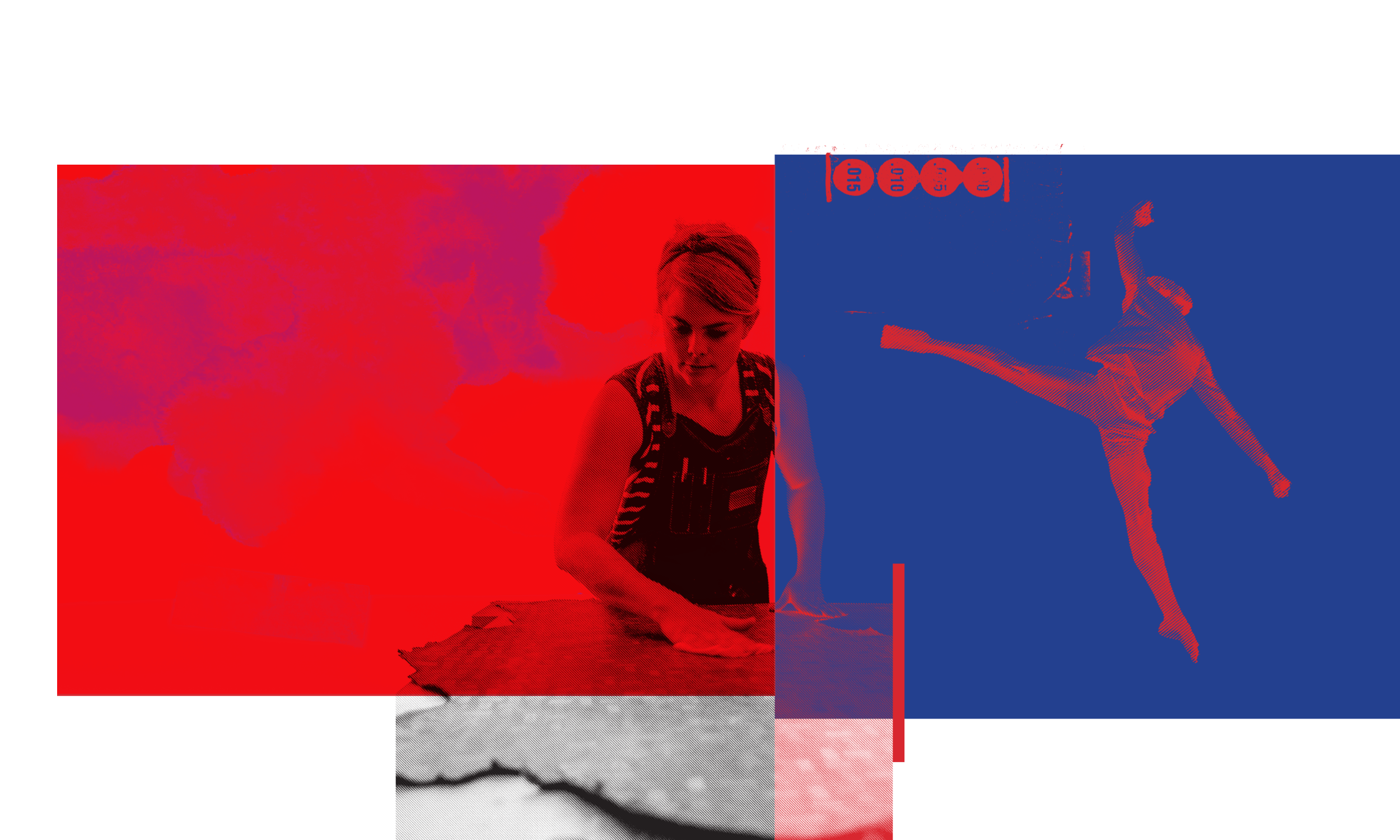 A graphic image of a student working on printmaking next to a dancer leaping into the air. Both images are treated with red and blue hues.