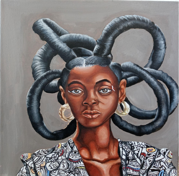 painting by nevaeh ryals, depicting a person in an ornate patterned jacket top with large gold hoop earrings and very elaborate hair styling, featuring large hoops of black hair in intersecting rings 