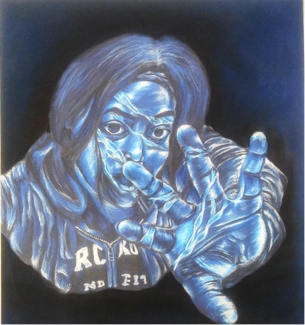 painting by nevaeh rylas depicting a stylized image of a person in a hoodie with their hand outstretched towards the viewer. the image has a slightly distressed energy and is depicted in shadowy blue colors.