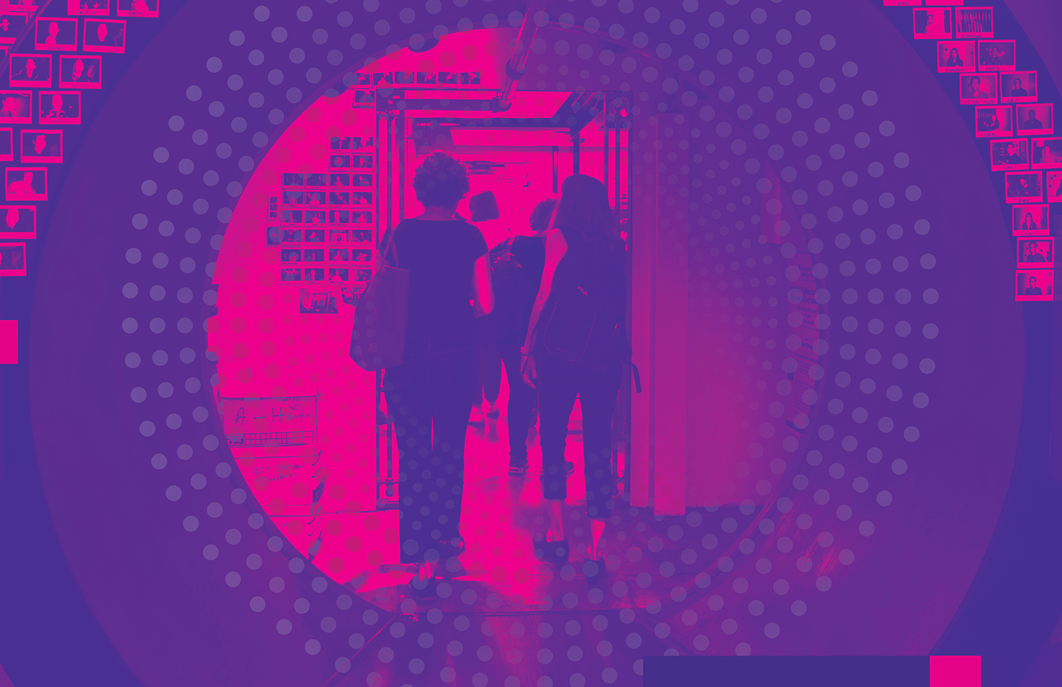 An abstract, layered image with circles emanating from the center. The image is saturated in purple and features figures walking away from view. Around them are polaroid-photo like textures.