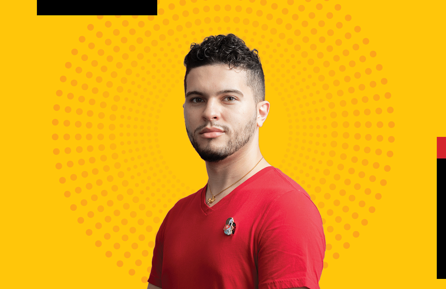 A portrait of Brandon Rodriguez. He is wearing a red shirt, a yellow graphic with emanating orange circles radiating from the center. 