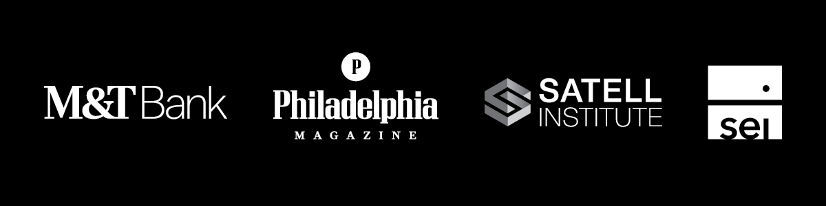 a black background with logos for M&T bank, Philadelphia Magazine, Satell Institute and SEI