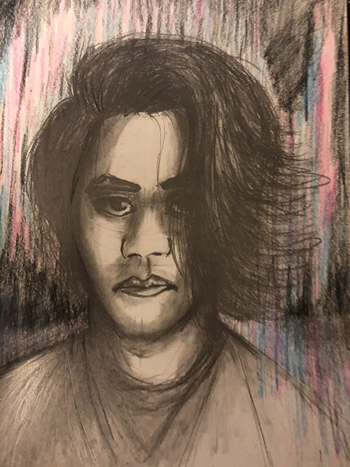 Tonal self-portrait with graphite and multicolored background