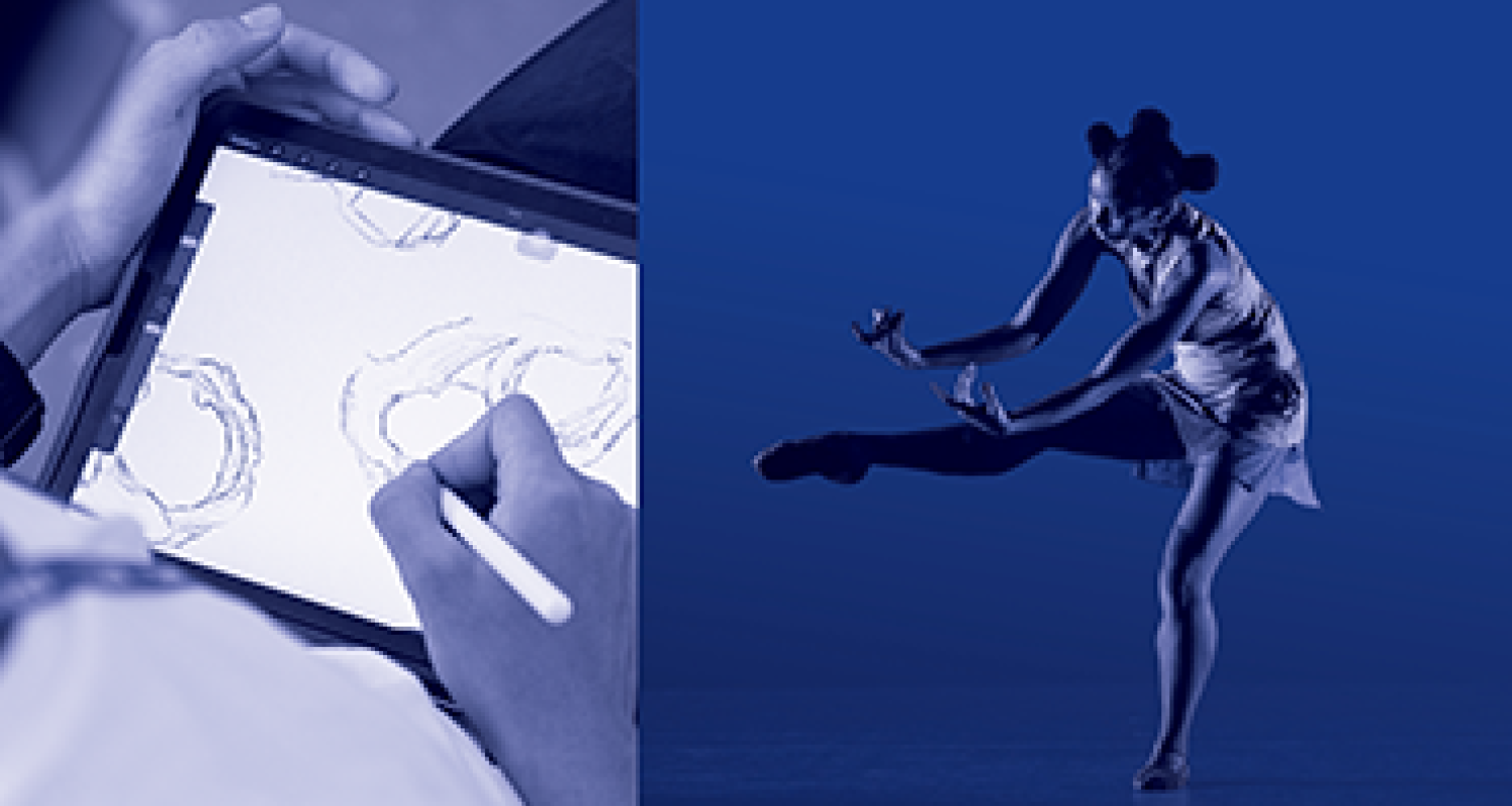 split image student drawling and a student performing a dance solo 