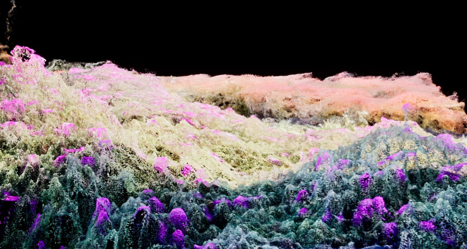 digital still with colorful digital landscape across black background