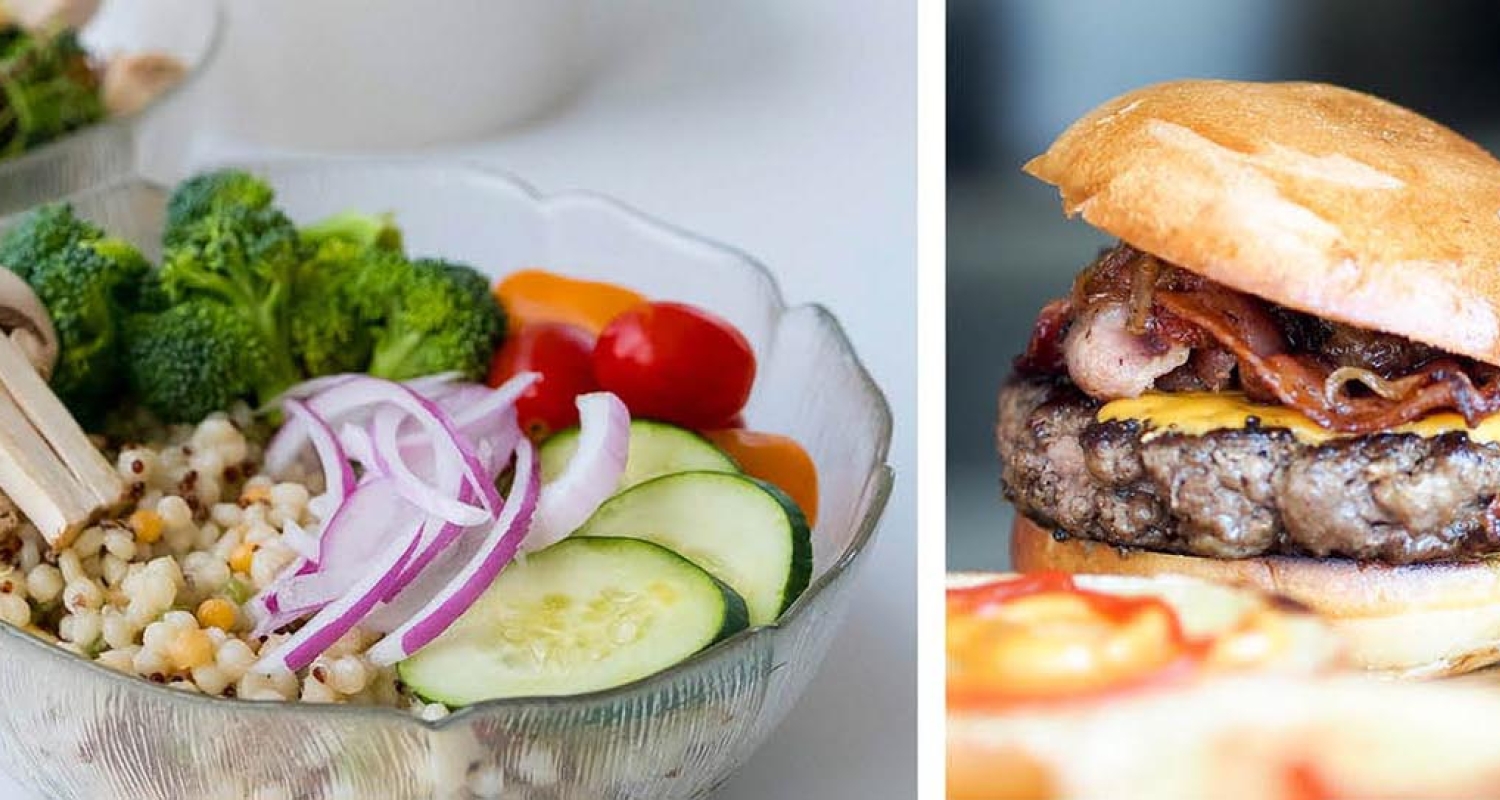 A grain bowl on the left, and a cheeseburger on the right. 