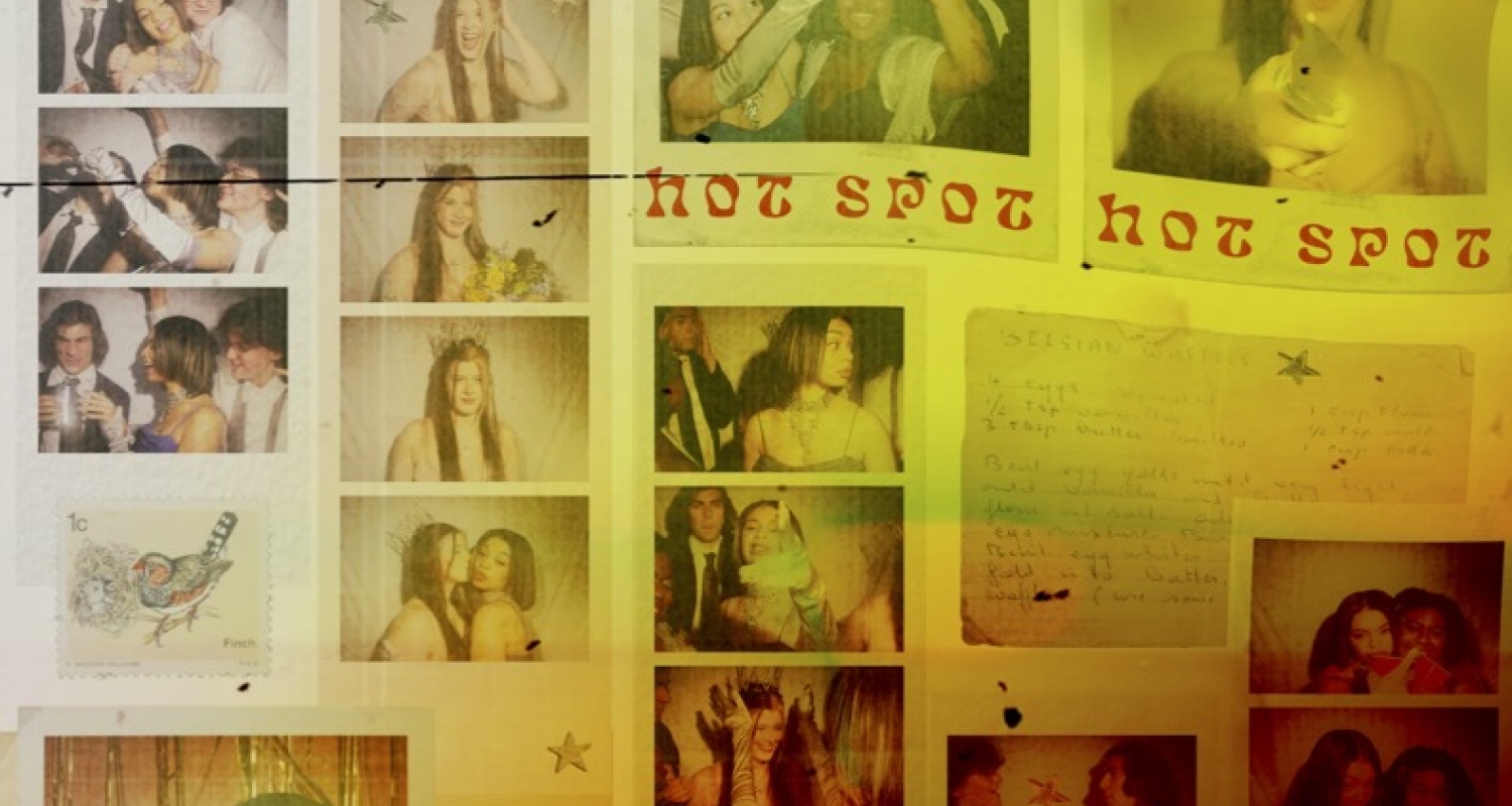 Various Polaroid pictures of groups of people, seemingly taken in a photo booth. There are small shiny confetti stars throughout, and an overall white to yellow to orange to red ombre. Three images say "Hot Spot". The bottom says "Caplan Studio Theater Nov. 18, 20, 2021 7:30 p.m. and Nov. 21, 2021 2 p.m." 