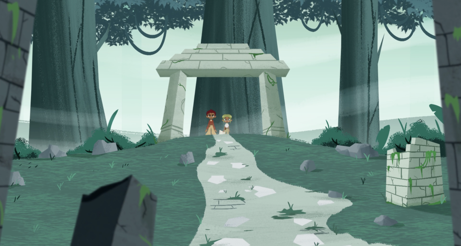 image by Nia Veal BFA20 Animation depicting white stone ruins in muted woods, with a central path  leading to an archway where two characters stand