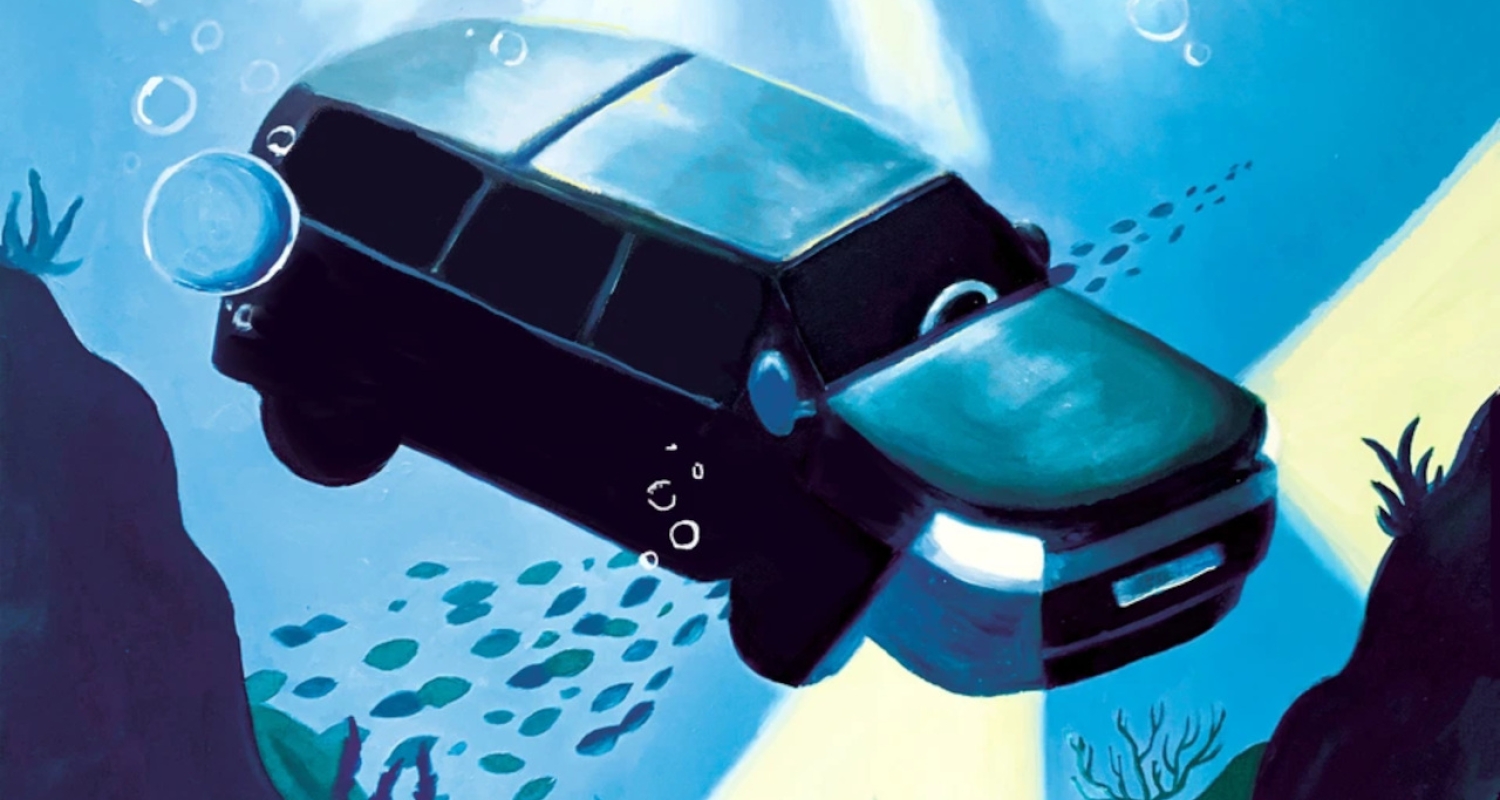 painting my Michaela Hart for Underground Pool. a blue underwater scene in which light beams reach from the sky blue surface down towards increasingly hard underwater canyons. A car with no one at the wheel floats in the center of the image into the canyon like a shark with light beams pouring out of the headlights, illuminating a school of fish.