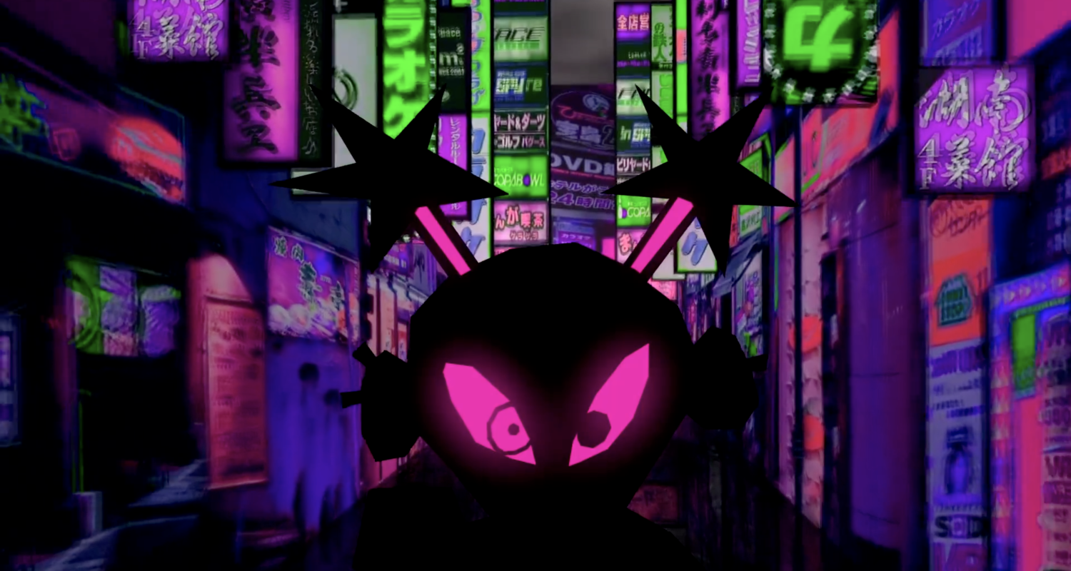 image by J cella BFA Animation student, depicting the silhouette of an alien type being with glowing pink oval eyes and two star shaped antennae against a cyberpunk stylized background of glowing signs. 