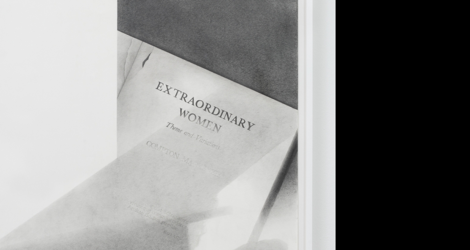 A framed artwork by Nyeema Morgan composed of white space on the left and a graphite drawing of a book’s title page on the right with the words Extraordinary Women Themes and Variations partially obscured by gray shading that continues to the bottom of the drawing.