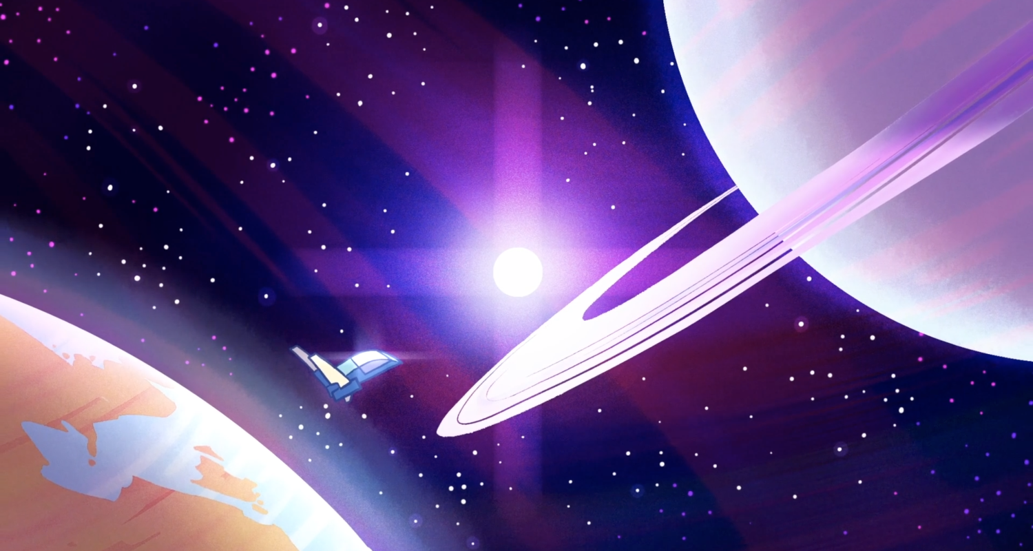 a still from atesh sakarya's animation film shoot for the stars, depicting a small space ship suspended in space between an orange-tinged earth-like planet and a large gas planet with rings like saturn with a glowing star in the background with a 4-streaked glare. 