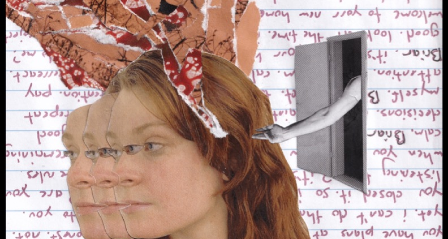 White lined paper with red handwriting fills the background. In the foreground, there is a person look to the side, their face appearing 3 times. Above is a collage of ripped material coming out of their head like a thought. There is a black and white door with an arm coming out reaching towards them. The bottom of the image reads "Cerebral Caplan Studio Theater May 6, 8, 2022 7:30 p.m. and May 7, 2022 2 p.m." 