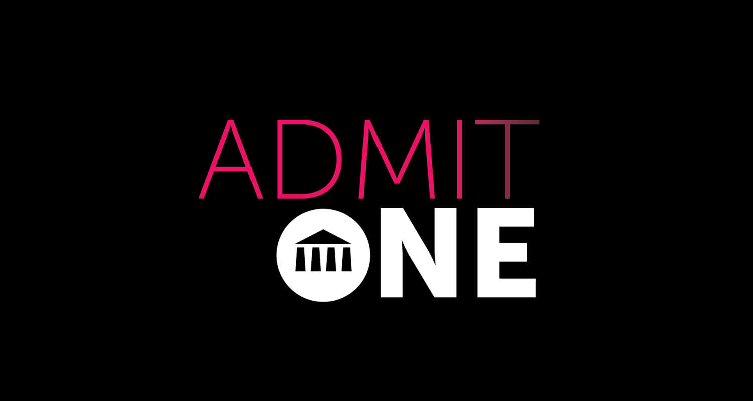 Admit One logo banner. The text is in all caps. "Admit" is set in a thin, pink type. "One" is below the word admit, in bold. The UArts "Hamilton" logo is in the "O"