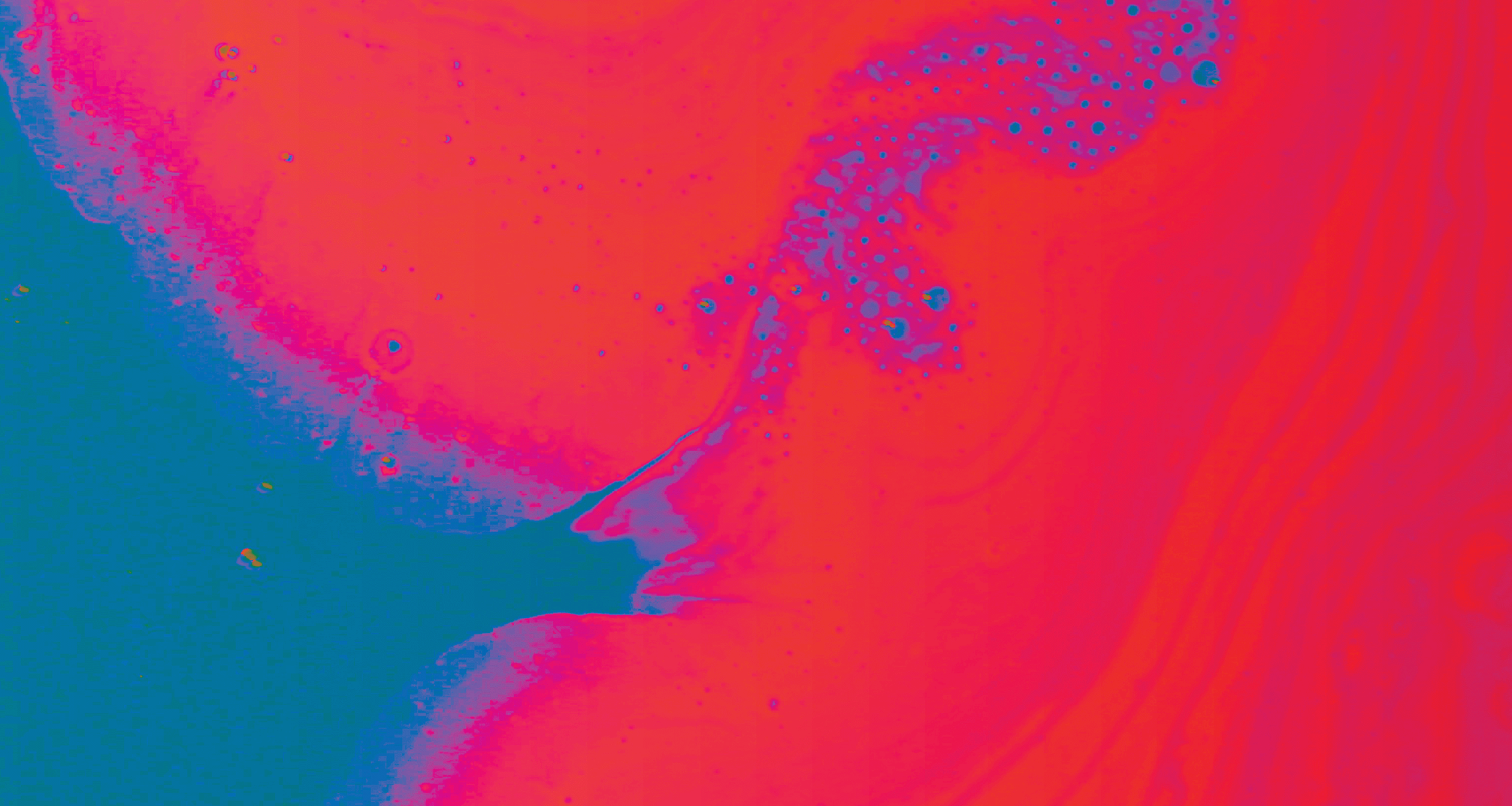 A textured graphic featuring what appears to be splatters of paint on the left side of the image, in blue, dripped across a red field with subtle linear textures throughout.