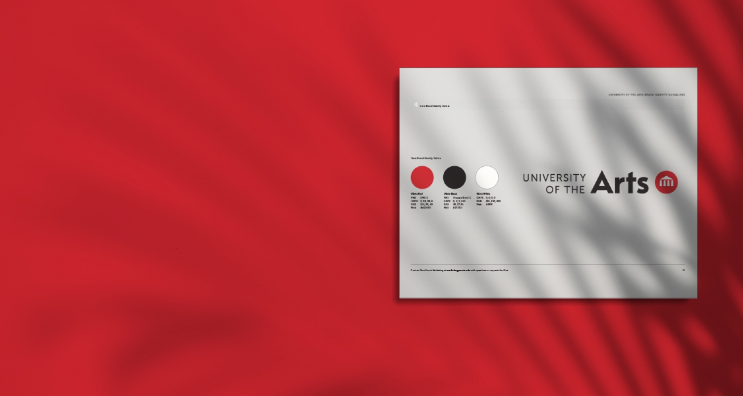 Graphic Text - UArts brand logo & identity against a red textured background