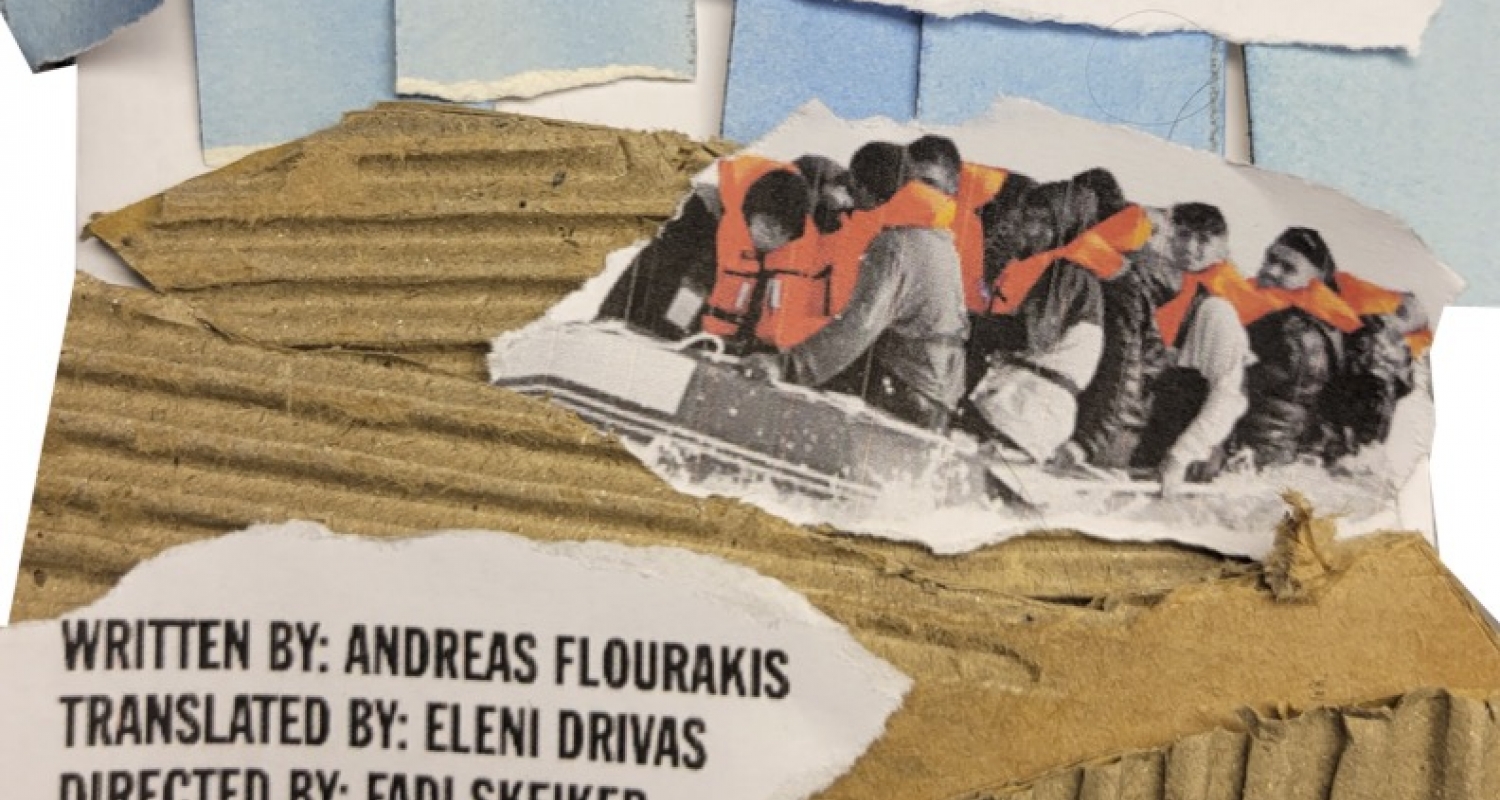 Poster made of blue strips of paper and brown cardboard showing an image of people in a boat wearing life jackets. It says "I Want A Country Written By: Andreas Fkourakis, Translated By: Eleni Drivas, Directed By: Fadi Skeiker." The bottom of the image says "Levitt Auditorium Sept. 16, 18, 19 2021 7 P.M. and 9 P.M., For tickets and showtimes, visit tickets.uarts.edu or call 215-717-6310. UArts Ira Brind School of Theater Arts."  