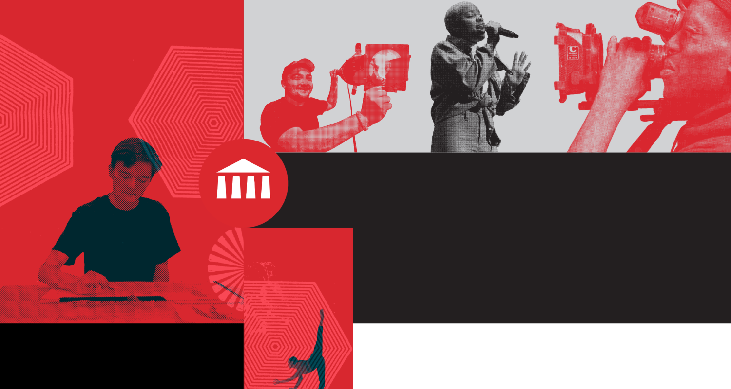 A graphic image of a singer, videographer, lighting designer, drawer and dancer with red, black and grey hues
