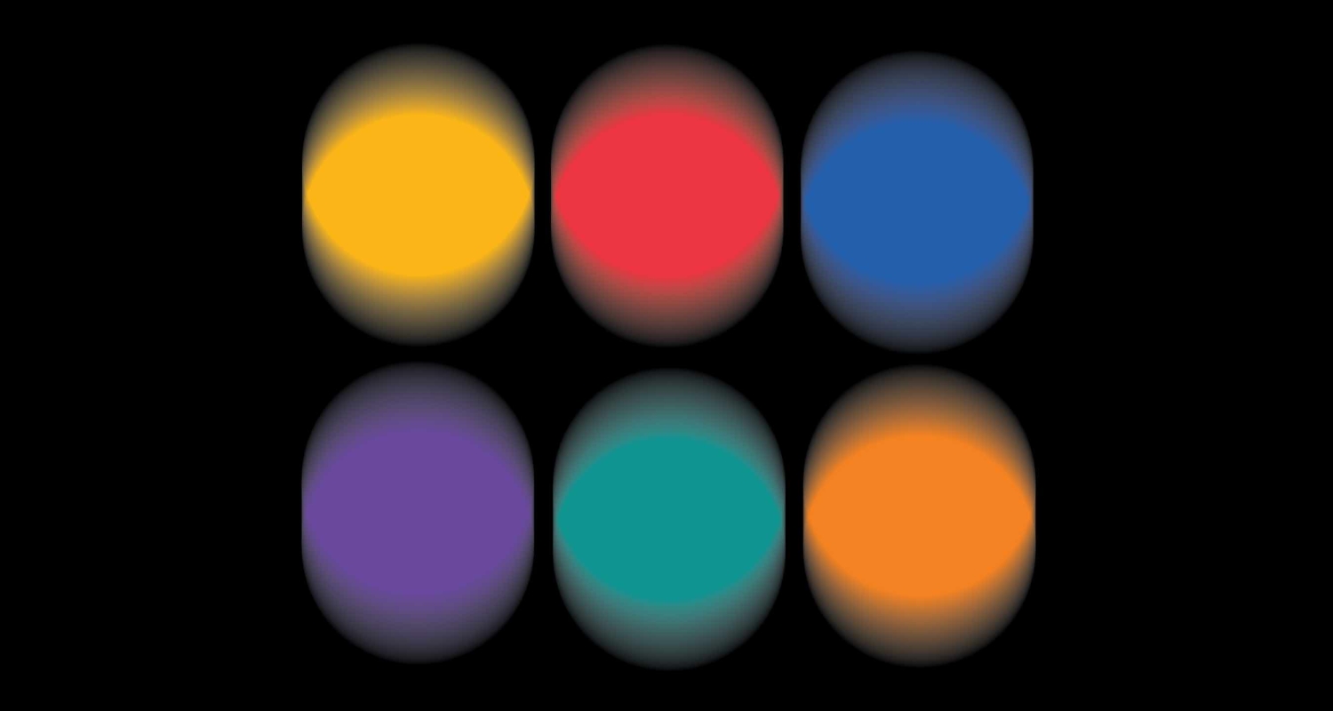 black background with six blurred dots centered in graphic in colors yellow red blue purple teal orange 