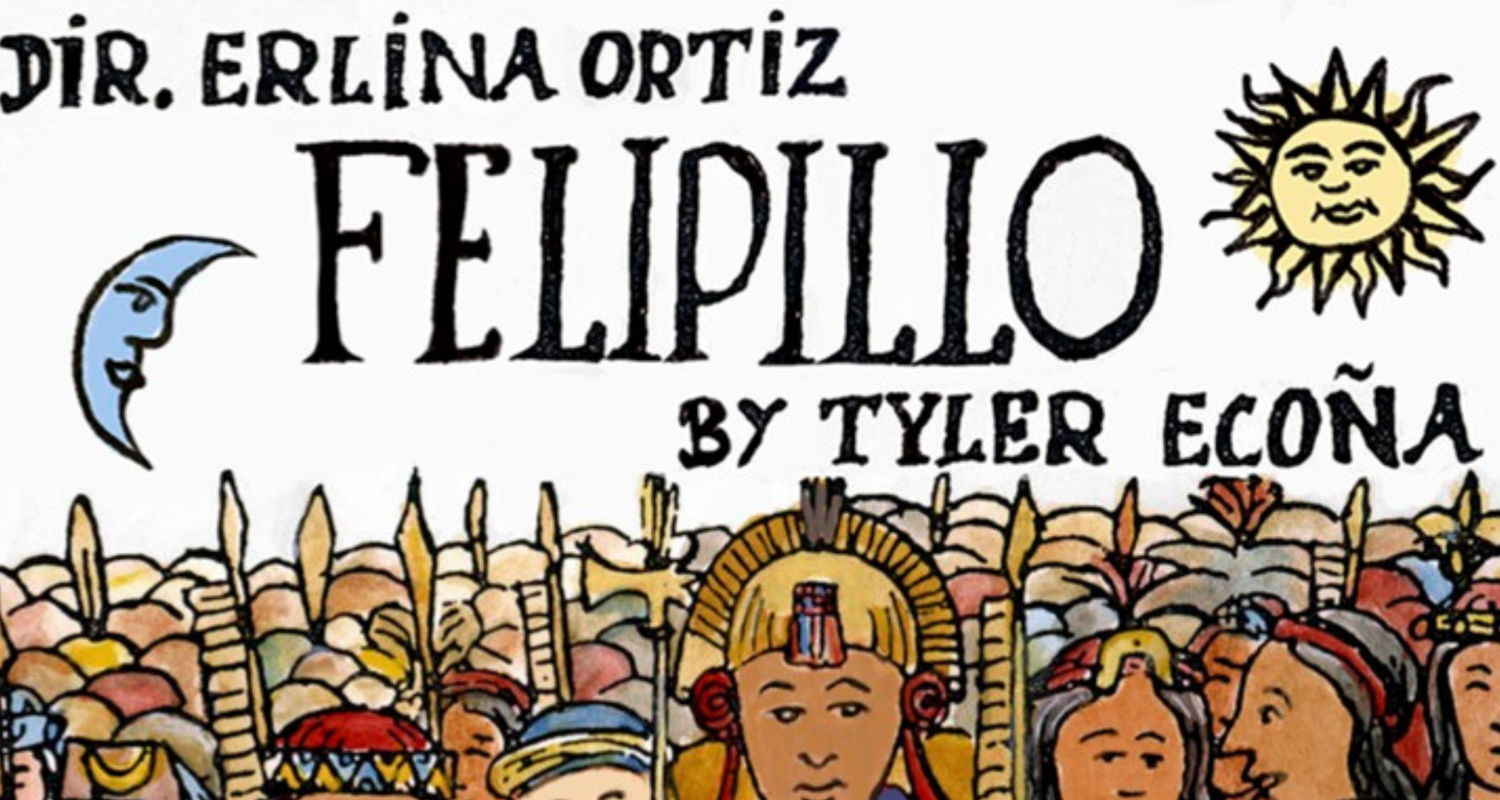 White background with people in a crowd, there is a moon and sun both with faces on them. The title reads "Dir. Erlina Ortiz, Felipillo, By Tyler Ecoña". 