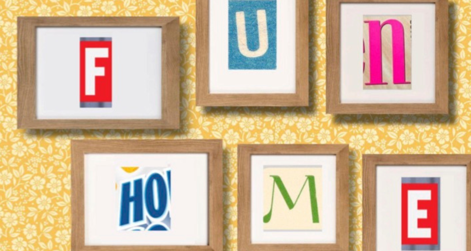 A yellow and white floral wallpaper with frames in the forefront spelling out “Fun Home” in different fonts. 