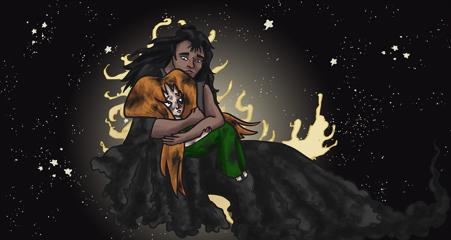 An illustrated backdrop of white stars against a black sky. Two people surrounded by flames. One is hugging the other from the back. The person in the back has long black hair, and has black smoke as a cape falling under them. The person curled up in front has orange hair, and is wearing green. The corner reads “UArts Ira Bring School of Theater Arts”. 