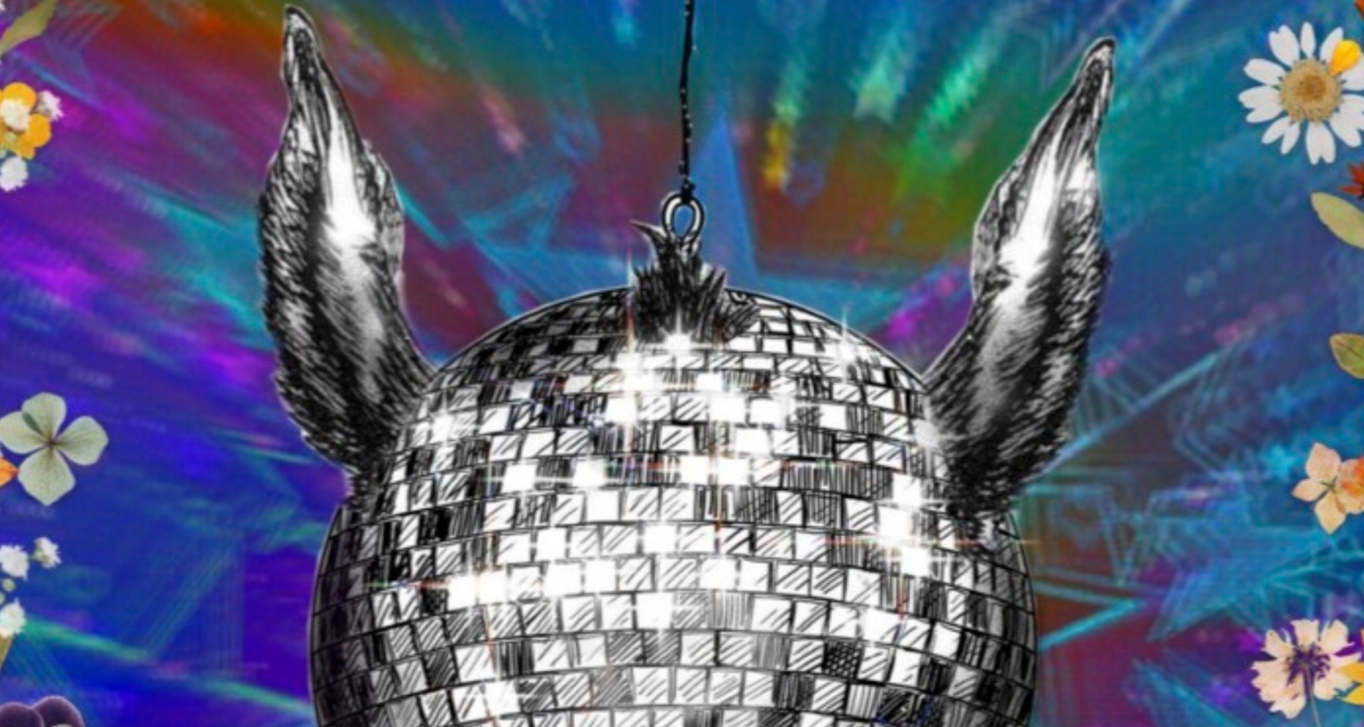 A rainbow tie-dye background with a silver disco ball in the forefront. The disco ball has donkey ears. There is a floral backgorund outlining the image, It reads “ A Midsummer Night’s Dream by William Shakespeare” in white under the disco ball.