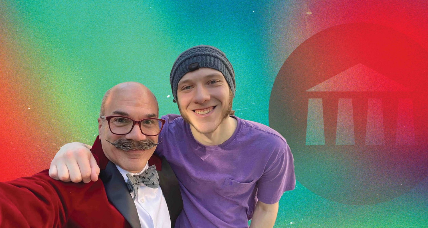 photo of David W. Schoner Jr. and Christopher Schoner with uarts logo and rainbow background
