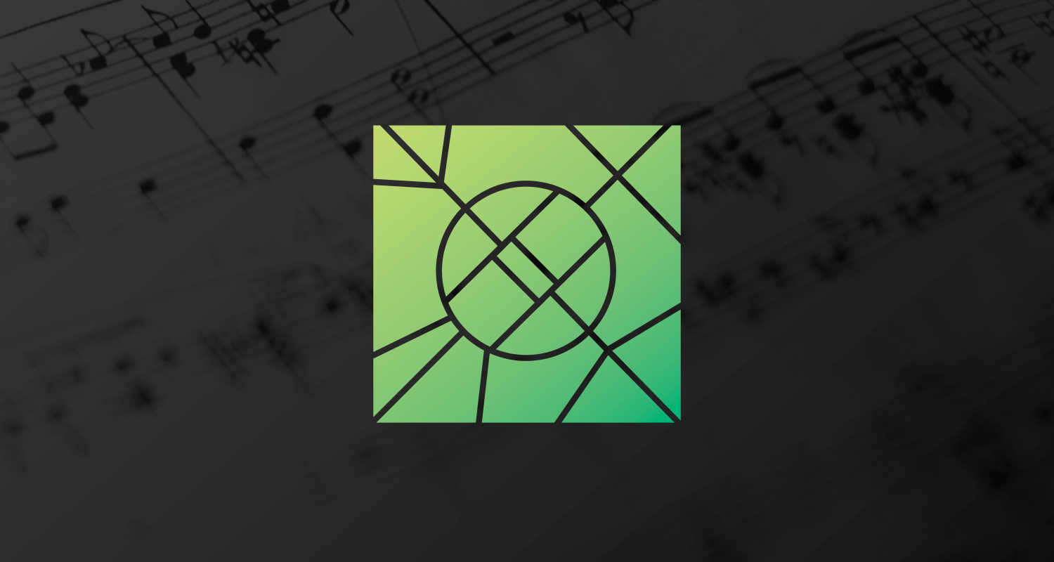 photo of music sheet with black wash overlay with center green square graphic featuring grid lines