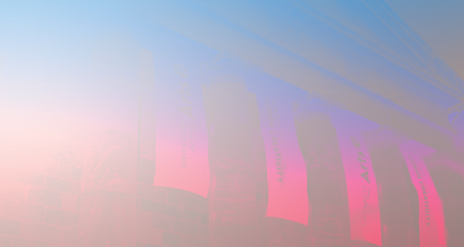 A textured gradient and image of a slightly distorted UArts logo. The color palette spans hues of pink, blue, and gray.