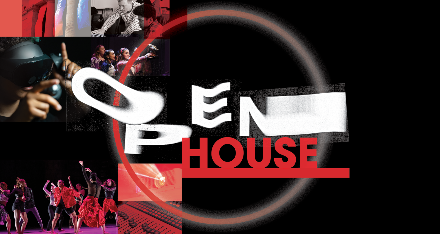 a heavily stylized graphic reading Open House in a circle that fades from fuzzy faded white to sharp crisp red. the right half of the background is stark black, the left includes vignette photographs of a person using a VR headset, a classroom, and dancers. the word open is white and in a wobble smearing scan-type texture. house is a blocky red typeface. 