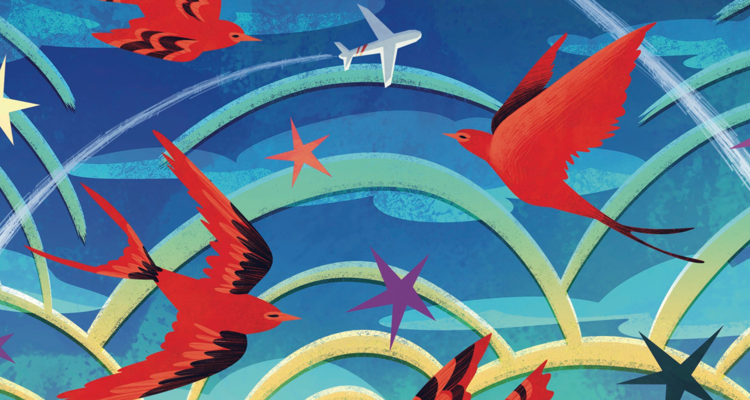 An illustration of a blue sky filled with red birds, airplanes, and multi-color stars in the foreground. In the background are clouds, and colorful arch patterns in yellow, green, and blue. The top reads “April 18–21, 2024, Presented by the Ira Brind School of Theater Arts, Polyphone A Festival of New and Emerging Musicals, Maggie-Kate Coleman, Artistic Director”. The bottom reads “Arts Bank Theater 601 S. Broad Street” along with the names of each production in the festival as found on the webpage below.  