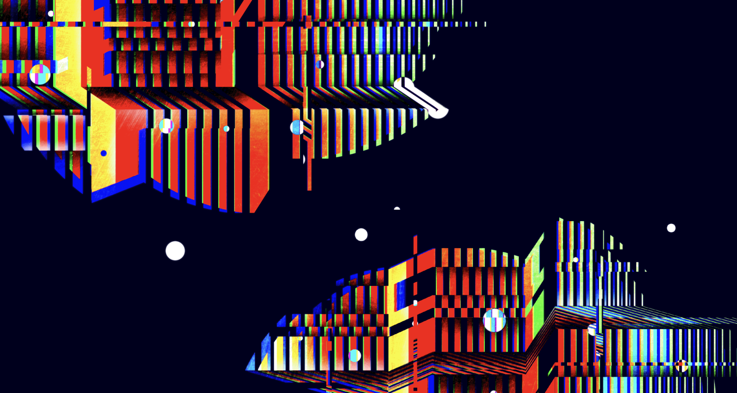 Black background with multi-color gradient lines. 