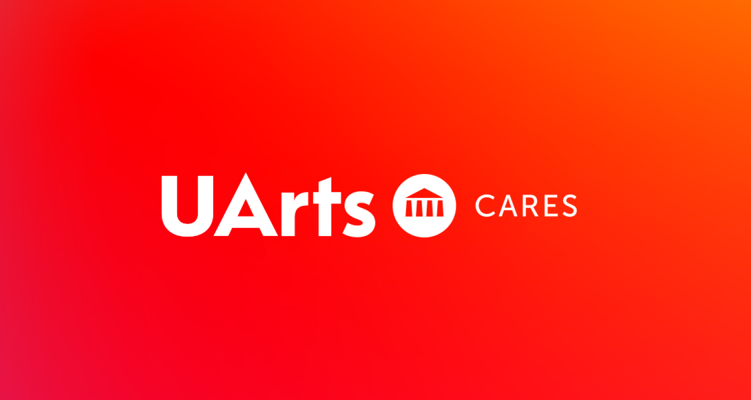 The UArts Cares logo on a red gradient background. 